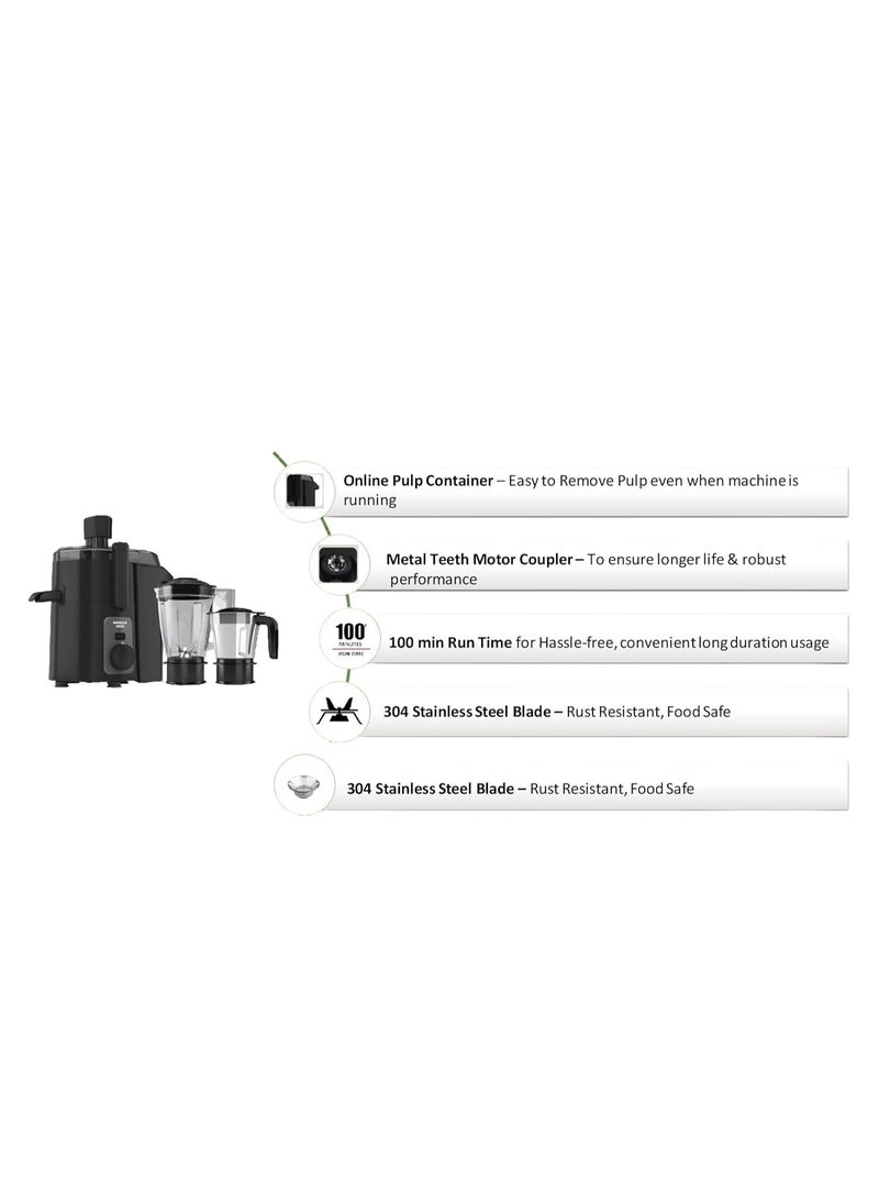 هافلز Havells Hexo 950 Watt Juicer Mixer Grinder | Copper Motor with Double Ball Bearing | 2 Jars (Polycarbonate & SS) | 22000 RPM | 100 Min Continuous Run | Metal Teeth Coupler | (Black & Silver) - Image 4